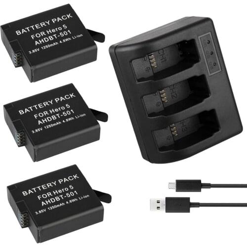 3pcs 1250mAh Batteries for GoPro Hero 5 6 7 Action Camera Battery AHDBT-501+ 3Slots USB Battery Charger