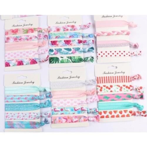 300sets/lot 5pcs/set Girls Twist Ribbon Elastic Glitter Floral Dot Hair Ties Unicorn Mermaid Flamingos Knot Hair Rope 12 type