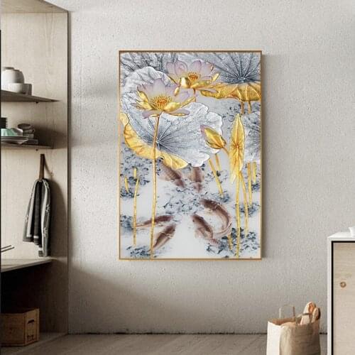 Abstract Gold Lotus Fishes Canvas Painting New Chinese Style Posters and Prints Wall Art Picture for Living Room Home Decoration