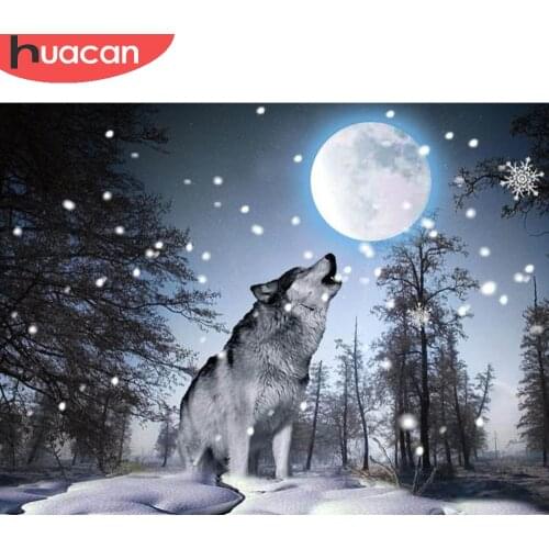 HUACAN 5d Diamond Painting Full Wolf Moon Diamond Mosaic Animal Cross Stitch Embroidery Snow Tree Wall Decor