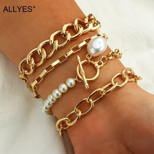 ALLYES 4Pcs Punk Metal Cuban Chain Bracelet Sets for Women Fashion Multilayer Pearl Beads Bracelet Bangles Boho Jewelry Gifts
