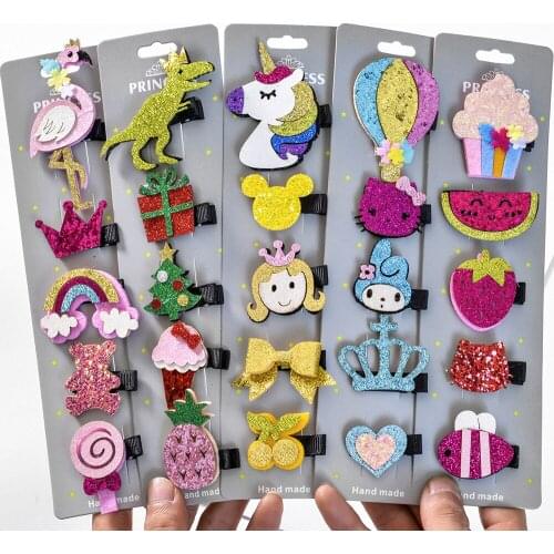 5Pcs/Set Sequin Baby Hair Clips Girls Cartoon Barrettes Children Non-Woven Felt Cloth Hair Pins Princess Crown Bow BB Clip