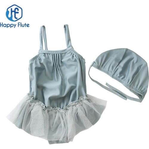 Happyflute Kids Lace One-Piece Swimsuit Children Girls Cute Baby Polyester Swimming Dress