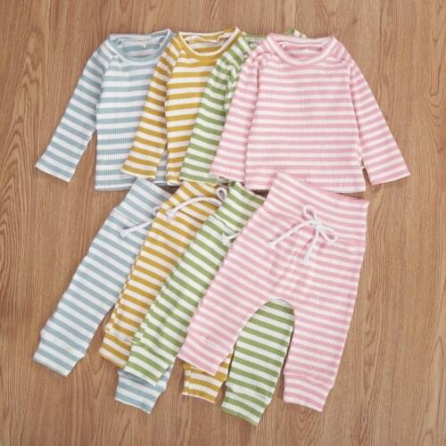 Newborn Baby Boy Girl Cotton Pajama Sets Striped Homewear Long Sleeve Tops T-shirt+Long Pants Outfits Toddler Girls Clothes Sets
