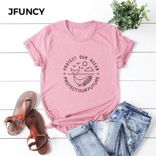 JFUNCY Plus Size Cute Whale Print T Shirt Women Oversize Summer T-shirts Female Cotton Short Sleeve Tees Top Woman Casual Tshirt