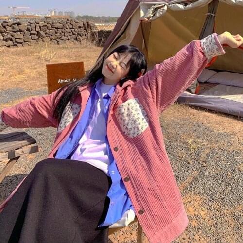 Basic Jackets Women Corduroy Vintage Floral Patchwork Sweet Student Girls Loose Cozy Simple Outwear Retro Ulzzang Trendy Coats