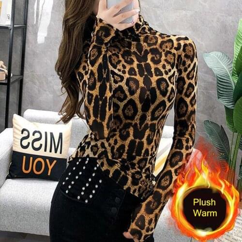 Leopard T-Shirt Women Spring Turtleneck Stretchy Slim Warm Thick Long Sleeve Print T Shirt Tops Tee Ropa Mujer Pullover Winter