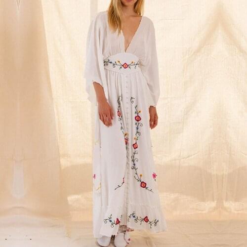 Summer Maxi White Dress Woman Free Shippingseven Sleeve Floral Embroidery Long Dresses People V Neck Sexy High Waist Boho Dress