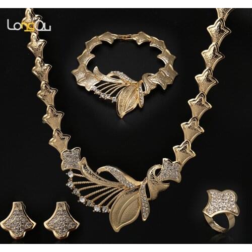 Longqu Nigeria Bridal Gift Fashion Dubai Gold Jewelry Sets for Women Luxury Necklace Ring Wedding Earrings Costume Jewelry set