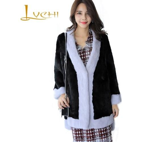 LVCHI Winter 2019 Causal Import Office Lady Real Natural Mink Fur Coat Womens V-Neck Long Sleeve Coat Spliced Medium Mink Coats