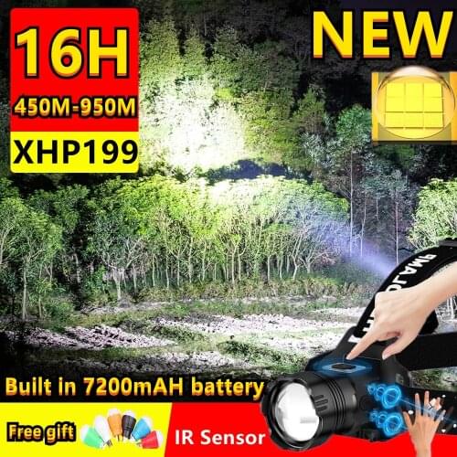 High Power IR Sensor XHP199 Led Headlamp Super bright Head lamp Rechargeable USB Head flashlight Head Torch fishing lamp 16hours