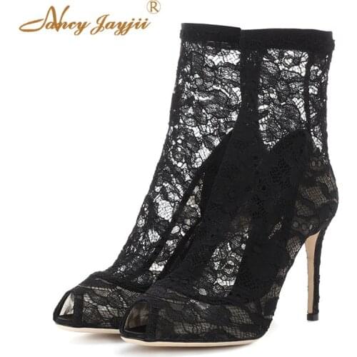 Nancyjayjii Womens Embroider 2019 Fahsion Lace Shoes Summer Ankle Boots Thin High Heels Stiletto Heel Booties Party CaSual 4-16