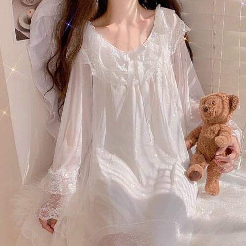 2021 Women New Super Soft Gauze Lace Stitching Long-sleeved Dressing Gown White Long Nightgowns Homewear Princess Nightdress