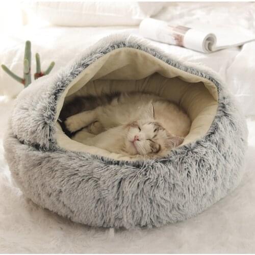 2021 New 2-In-1 Round Plush Cat Bed Winter Warm Cave Pet Cat Small Dog Sleeping Nest Kennel Soft House Non Slip Bottom Pet Mat