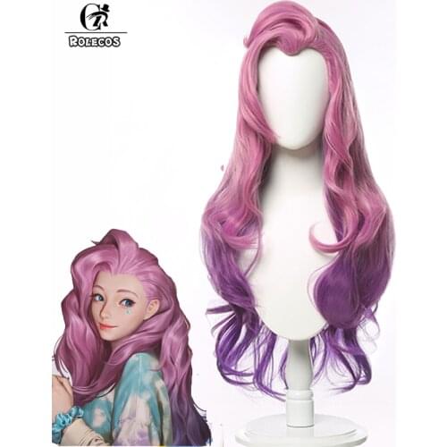 ROLECOS Game LOL Seraphine Cosplay Wigs LOL KDA Cosplay Seraphine Pink Purple Gradient Heat Resistant Synthetic Hairs