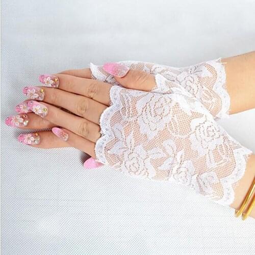 Floral Lace Fingerless Gloves Women Sheer Solid Color Rose Gloves Scalloped Trim Summer Outdoor Sun-Blocking Mittens