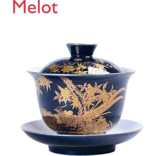 Sapphire Glaze Sancai Gaiwan Tea Cup Jingdezhen Manual Painting Golden Enamel Ceramic Cover Bowl