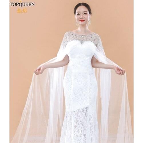 TOPQUEEN G14T Bride Woman Cape Bridal Bolero with Rhinestones Cathedral Drop Veil Shawl Lace Wedding Bridal Wraps Shawls