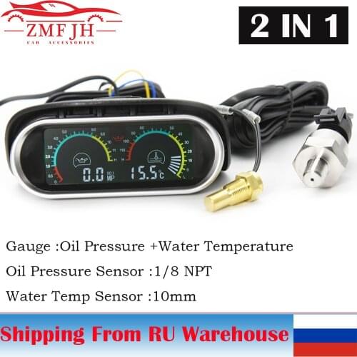 Universal Truck Car Digital Horizotal Gauge Oil Pressure Gauge + Water Temperature Gauge Set Meter 10mm M10 1/8NPT Sensor 12/24V