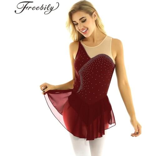 Adult Sleeveless Shiny Rhinestones Mesh Ballet Gymnastics Leotard Women Figure Ice Skating Dress Competition Performance Costume