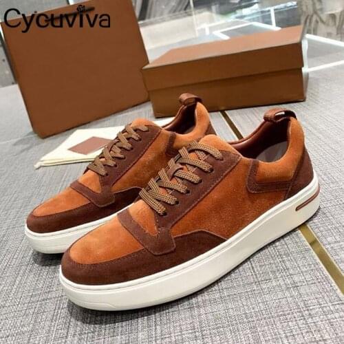 Hot Sale Suede Men Flat Shoes Lace Up Round Toe Mules Thick Sole Male Sneakers Designer Brand Spring Open Walking Shoes For Men