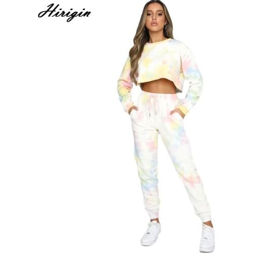 Women Tie-Dye Print Round Neck Long Sleeve Crop Top Trousers 2 Pieces Suit Set Women Autumn Casual Wear