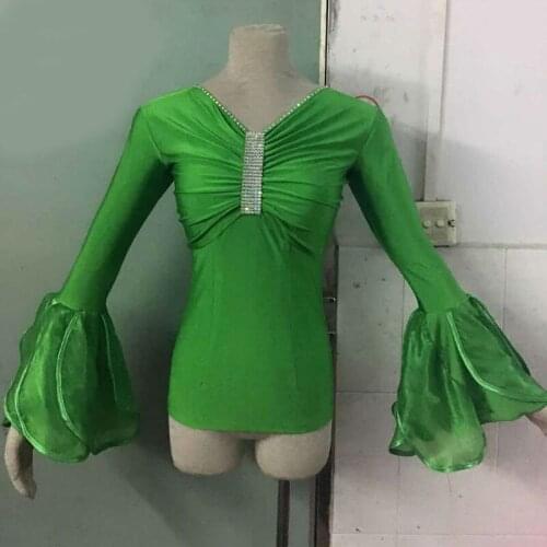New Style Plus Size Trumpet Sleeve Top Professional Ballroom Dance Performance Top For Women Sexy V-Neck Rhinestone Tops DL6675