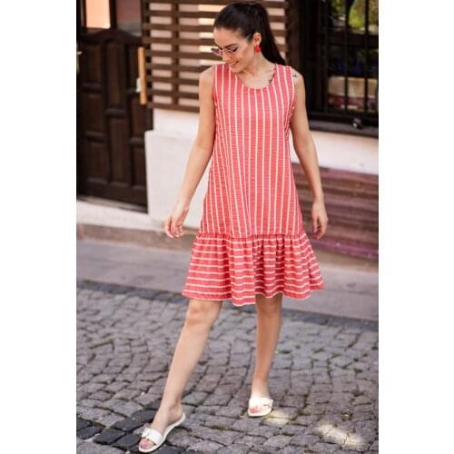 Womens Red, Sleeveless, Skirt Frilled Striped Dress, Summer, Daily, Casual, Modern, Attractive, holiday, Above Knee