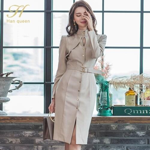 H Han Queen Elegant Office Pencil Dress Women Korean Slim Single-breasted Sheath Dresses Business Work Bodycon Vestidos Autum