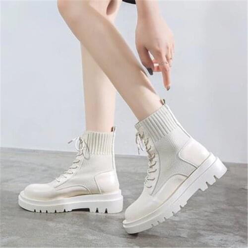 Autumn Leather High Tops Shoes Women Platform Fashion Ankle Boots Women Non-slip Wear-resistant Sole Short Boots Black Eu 35-40