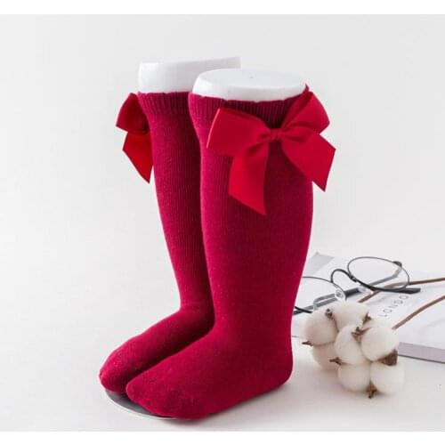 Newborn Baby Girls Stockings Spring Baby Bow Cotton Lace Knee High Long Tube Tights Princess Infant Solid Stocking 7Colors