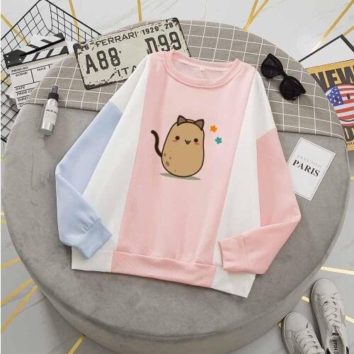 Color Block Hoodies for Women Aesthetic Sweatshirt Print Cat Pullover Tops for Women Kawaii Hoodies Oversized Sweatshirt Teen