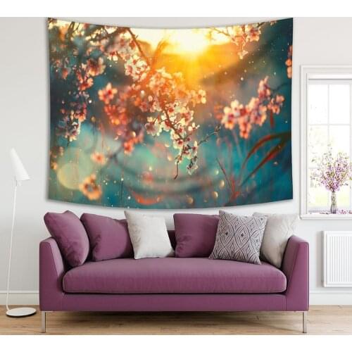 Tapestry Spring Blooming in Tree Morning Sunrise Foggy Dreamy Nature Sun Flare Romantic Scenery Yellow Blue Red