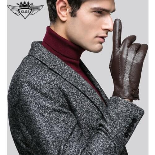 KLSS Brand Genuine Leather Men Sheepskin Gloves Winter Thicken Plus Velvet Touchscreen Locomotive Driving Goatskin Glove 2088