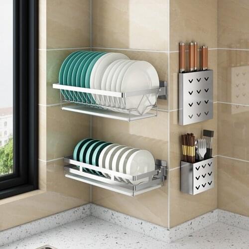 Kitchen Wall Mounted Stainless Steel Storage Rack Dish Drying Shelf Plates Bowls Organizer Spice Container Knives Holder
