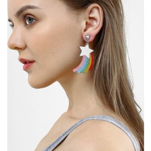 Girls Cute Casual Personality Five-pointed Star Seven-color Rainbow Acrylic Tassel Earrings