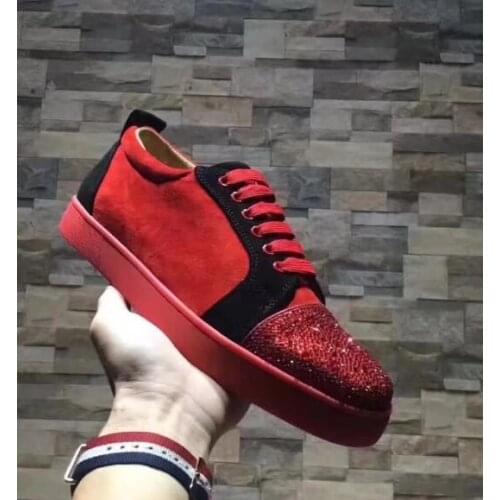 Moraima Snc Fashion Red Suede Men Flat Shoes Crystal Embellished Lace-up Casual Shoe Round Toe Sneakers 38-46