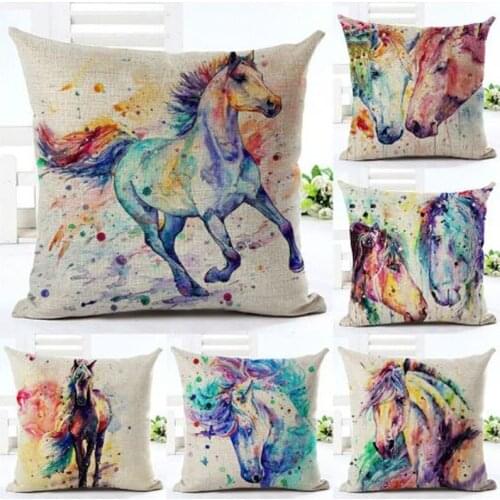 Homing Animal Horse Cotton Linen Cushion Cover Watercolor Pillow case Chair Seat and Waist Square Pillow Cover Home Decoration