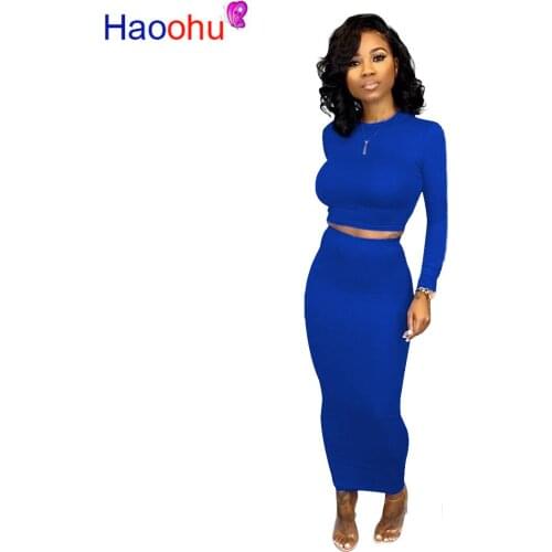 Solid Sexy 2 Piece Skirt Set Women Festival Clothing Round Neck Long Sleeve Crop Tops and Bodycon Maxi Pencil Skirts Club Outfit