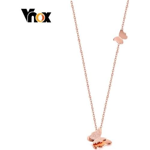 Vnox Trendy Pink Gold Tone Choker Necklace Stainless Steel Butterfly Pendant Femme Collar Birthday Gifts