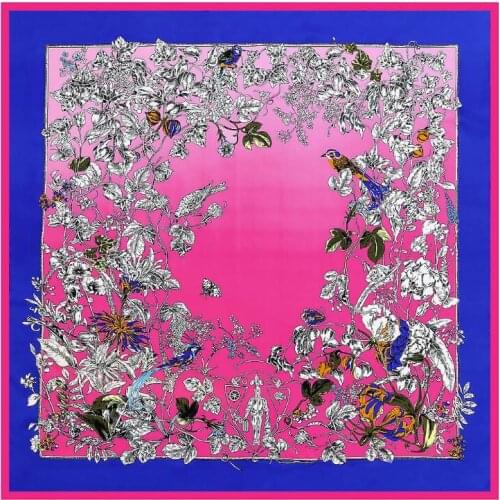 130cm Silk Scarf Women Large Shawls Floral Birds Print Ombre Stoles Square Bandana Luxury Kerchief Scarf Female Foulards