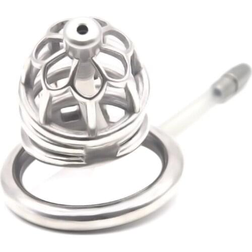 Metal Male Chastity Device Penis Lock Plum Blossom Head with Catheter Chastity Lock CB Chastity Stainless Steel JJ Cage Sex Toys