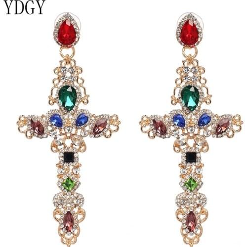 YDGY Baroque Gold Color Big Cross Earrings For Women Large Long Earrings Jewelry Brincos 2017 Rhinestones Dangle Earrings