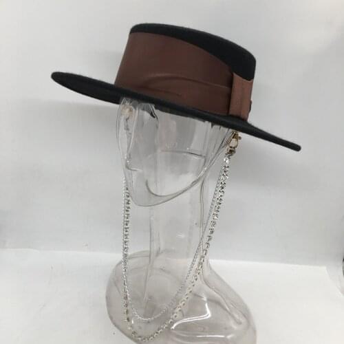 Fedora British wool Hat design wind han edition tide female black hat flat hat fashion chain
