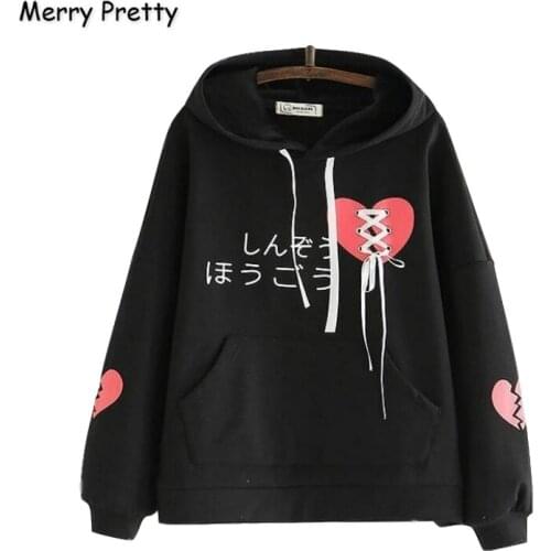 Merry Pretty Womens Harajuku Cartoon Print Lace Up Hoodies Sweatshirts 2020 Winter Long Sleeve Plus Velvet Hooded Tracksuit