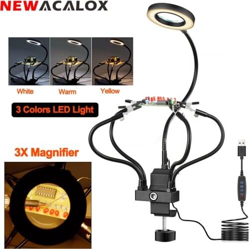 NEWACALOX Universal PCB Fixed Clip Soldering Tool with USB 3X LED Magnifying Glass Soldering Iron Holder Soldering Tip Cleaner