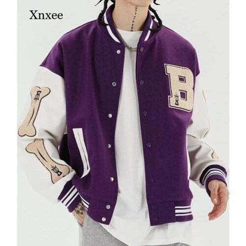 Hip Hop Men Baseball Coats Patchwork Color Block Jackets Mens Harajuku Streetwear Bomber Jacket Unisex Furry Bone Clothing