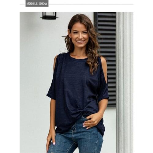 Women Summer Short Sleeve T-Shirt O-Neck Solid Color Off Shoulder Clothes Loose Casual Female Tops