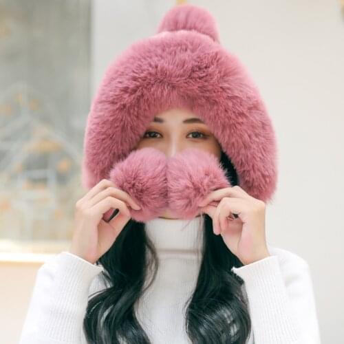 Womens thick hat hairballs a womens winter thick knitted plush hat earmuffs collar soft warm beanie hat scarf