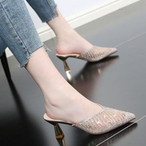 New Net Yarn Pointed Toe Stiletto Net Red Slippers, High-heeled Sandals and Slippers Heels Women Women Sandals